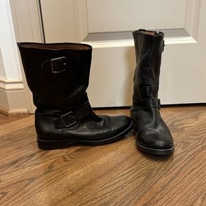 Frye Black Leather Moto Boots with Buckle. mid-calf
